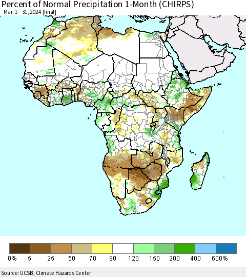 Africa Percent of Normal Precipitation 1-Month (CHIRPS) Thematic Map For 3/1/2024 - 3/31/2024