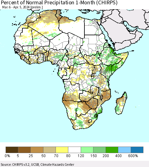 Africa Percent of Normal Precipitation 1-Month (CHIRPS) Thematic Map For 3/6/2024 - 4/5/2024