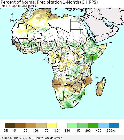 Africa Percent of Normal Precipitation 1-Month (CHIRPS) Thematic Map For 3/11/2024 - 4/10/2024