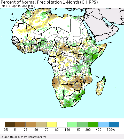 Africa Percent of Normal Precipitation 1-Month (CHIRPS) Thematic Map For 3/16/2024 - 4/15/2024