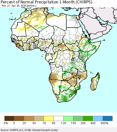 Africa Percent of Normal Precipitation 1-Month (CHIRPS) Thematic Map For 3/21/2024 - 4/20/2024
