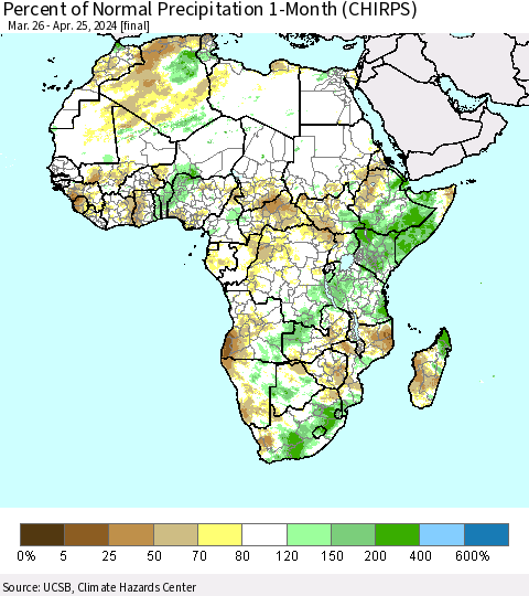Africa Percent of Normal Precipitation 1-Month (CHIRPS) Thematic Map For 3/26/2024 - 4/25/2024