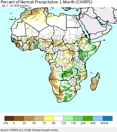 Africa Percent of Normal Precipitation 1-Month (CHIRPS) Thematic Map For 4/1/2024 - 4/30/2024