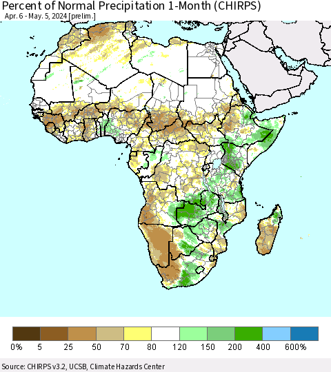 Africa Percent of Normal Precipitation 1-Month (CHIRPS) Thematic Map For 4/6/2024 - 5/5/2024