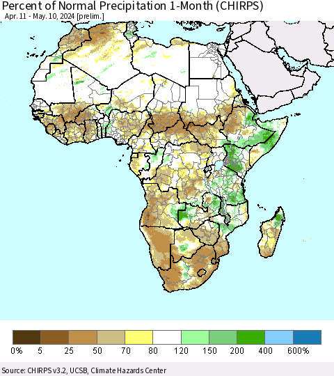 Africa Percent of Normal Precipitation 1-Month (CHIRPS) Thematic Map For 4/11/2024 - 5/10/2024