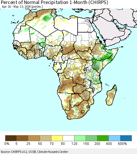 Africa Percent of Normal Precipitation 1-Month (CHIRPS) Thematic Map For 4/16/2024 - 5/15/2024