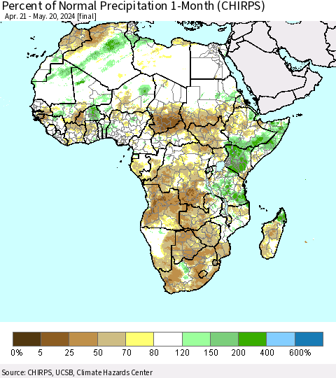 Africa Percent of Normal Precipitation 1-Month (CHIRPS) Thematic Map For 4/21/2024 - 5/20/2024