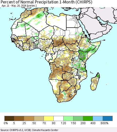 Africa Percent of Normal Precipitation 1-Month (CHIRPS) Thematic Map For 4/21/2024 - 5/20/2024