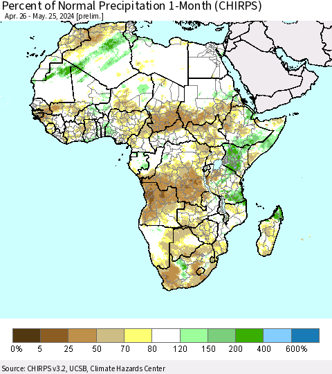 Africa Percent of Normal Precipitation 1-Month (CHIRPS) Thematic Map For 4/26/2024 - 5/25/2024
