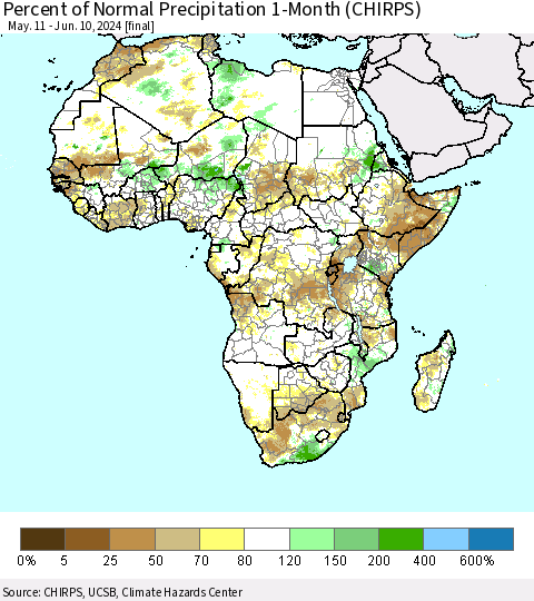 Africa Percent of Normal Precipitation 1-Month (CHIRPS) Thematic Map For 5/11/2024 - 6/10/2024
