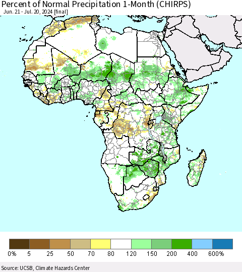 Africa Percent of Normal Precipitation 1-Month (CHIRPS) Thematic Map For 6/21/2024 - 7/20/2024