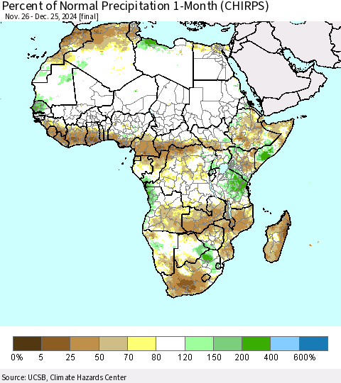 Africa Percent of Normal Precipitation 1-Month (CHIRPS) Thematic Map For 11/26/2024 - 12/25/2024