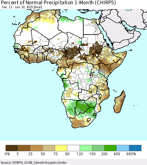 Africa Percent of Normal Precipitation 1-Month (CHIRPS) Thematic Map For 12/11/2024 - 1/10/2025