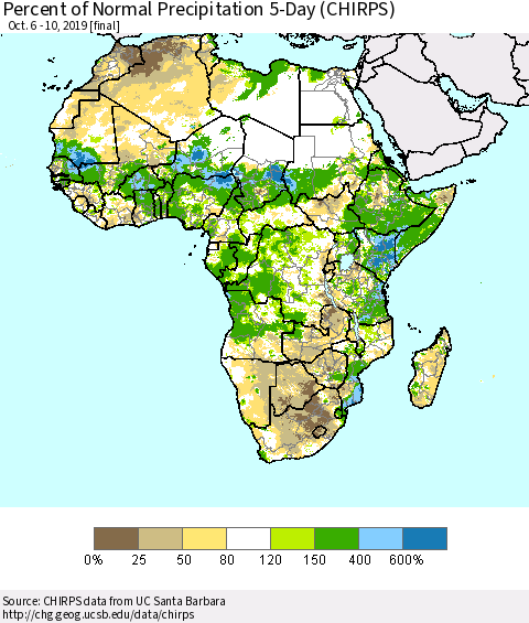 Africa Percent of Normal Precipitation 5-Day (CHIRPS) Thematic Map For 10/6/2019 - 10/10/2019