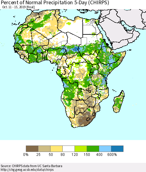 Africa Percent of Normal Precipitation 5-Day (CHIRPS) Thematic Map For 10/11/2019 - 10/15/2019