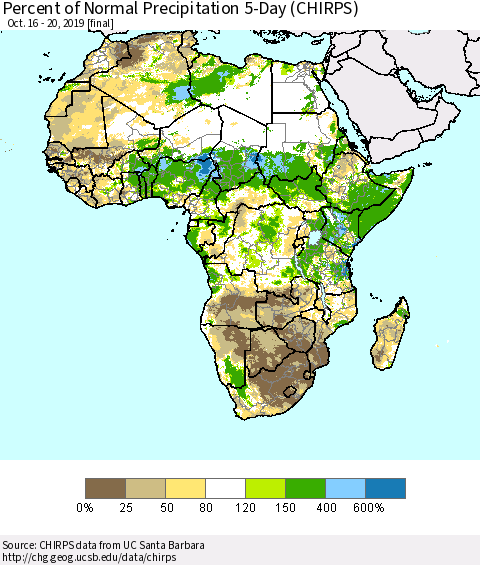 Africa Percent of Normal Precipitation 5-Day (CHIRPS) Thematic Map For 10/16/2019 - 10/20/2019