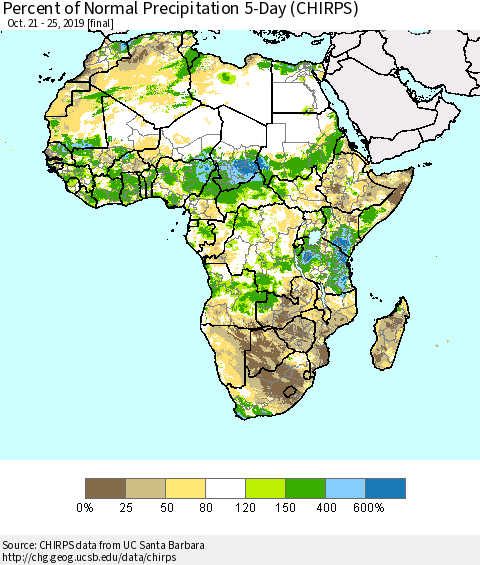 Africa Percent of Normal Precipitation 5-Day (CHIRPS) Thematic Map For 10/21/2019 - 10/25/2019