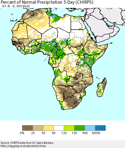 Africa Percent of Normal Precipitation 5-Day (CHIRPS) Thematic Map For 10/26/2019 - 10/31/2019