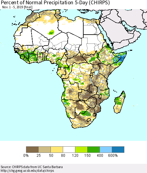 Africa Percent of Normal Precipitation 5-Day (CHIRPS) Thematic Map For 11/1/2019 - 11/5/2019