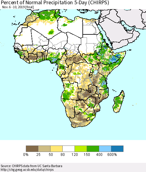 Africa Percent of Normal Precipitation 5-Day (CHIRPS) Thematic Map For 11/6/2019 - 11/10/2019