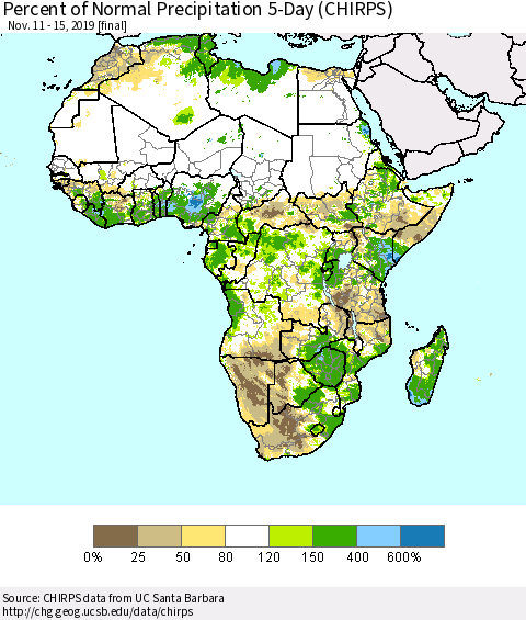 Africa Percent of Normal Precipitation 5-Day (CHIRPS) Thematic Map For 11/11/2019 - 11/15/2019