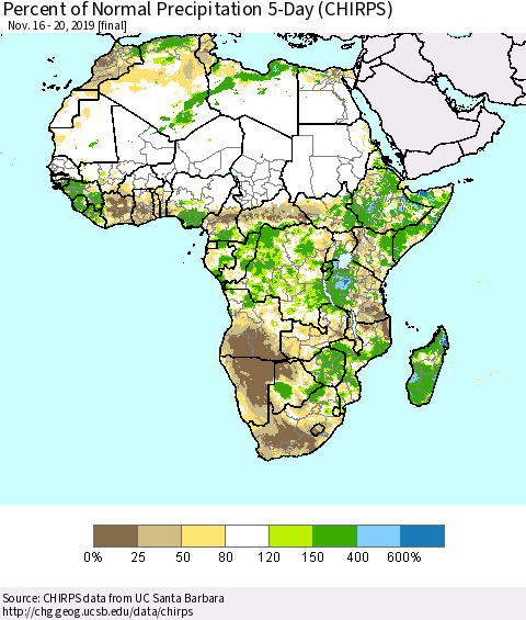 Africa Percent of Normal Precipitation 5-Day (CHIRPS) Thematic Map For 11/16/2019 - 11/20/2019