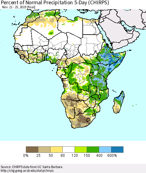 Africa Percent of Normal Precipitation 5-Day (CHIRPS) Thematic Map For 11/21/2019 - 11/25/2019