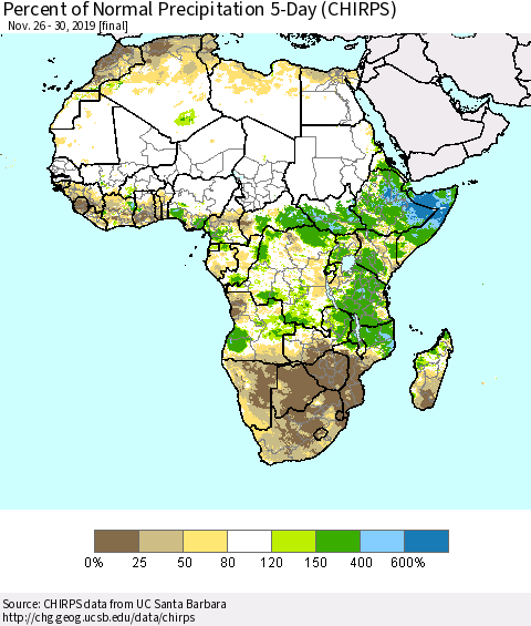 Africa Percent of Normal Precipitation 5-Day (CHIRPS) Thematic Map For 11/26/2019 - 11/30/2019