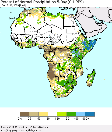 Africa Percent of Normal Precipitation 5-Day (CHIRPS) Thematic Map For 12/6/2019 - 12/10/2019