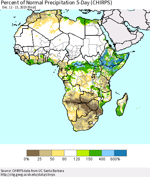 Africa Percent of Normal Precipitation 5-Day (CHIRPS) Thematic Map For 12/11/2019 - 12/15/2019