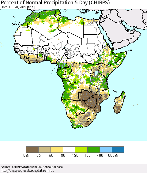 Africa Percent of Normal Precipitation 5-Day (CHIRPS) Thematic Map For 12/16/2019 - 12/20/2019