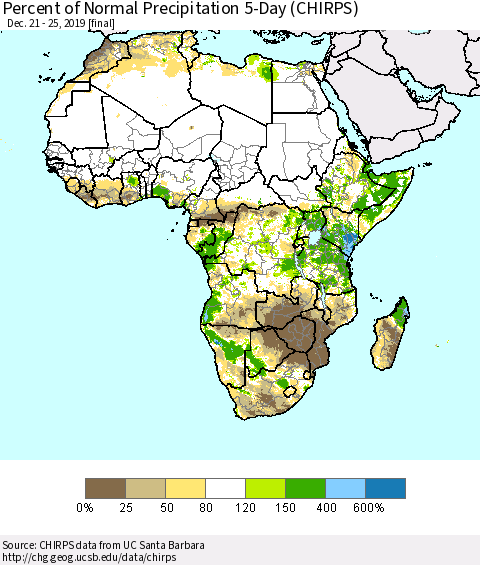 Africa Percent of Normal Precipitation 5-Day (CHIRPS) Thematic Map For 12/21/2019 - 12/25/2019