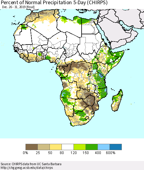 Africa Percent of Normal Precipitation 5-Day (CHIRPS) Thematic Map For 12/26/2019 - 12/31/2019
