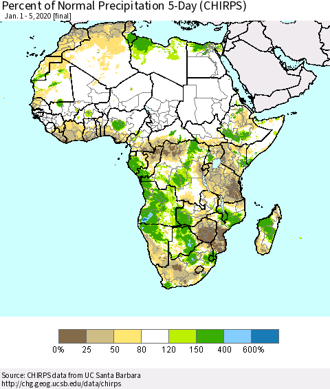 Africa Percent of Normal Precipitation 5-Day (CHIRPS) Thematic Map For 1/1/2020 - 1/5/2020