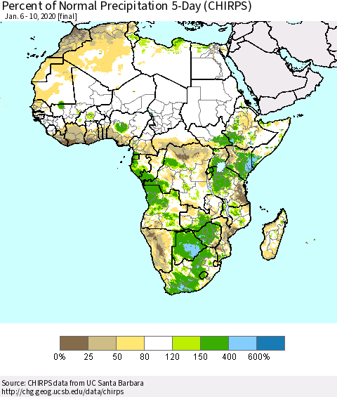 Africa Percent of Normal Precipitation 5-Day (CHIRPS) Thematic Map For 1/6/2020 - 1/10/2020
