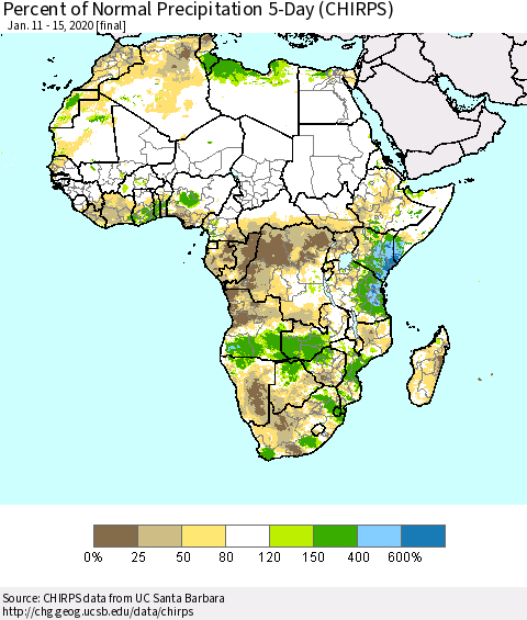 Africa Percent of Normal Precipitation 5-Day (CHIRPS) Thematic Map For 1/11/2020 - 1/15/2020