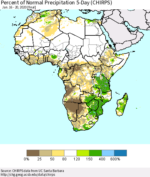 Africa Percent of Normal Precipitation 5-Day (CHIRPS) Thematic Map For 1/16/2020 - 1/20/2020