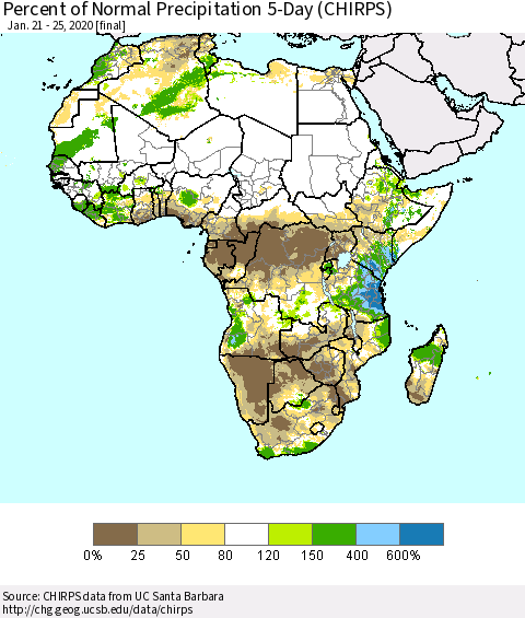Africa Percent of Normal Precipitation 5-Day (CHIRPS) Thematic Map For 1/21/2020 - 1/25/2020