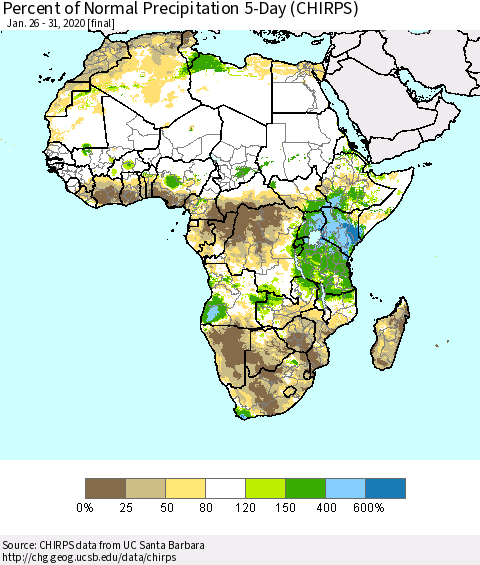 Africa Percent of Normal Precipitation 5-Day (CHIRPS) Thematic Map For 1/26/2020 - 1/31/2020