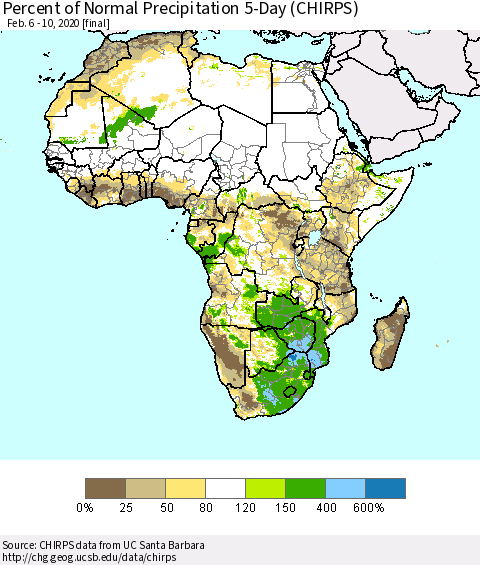 Africa Percent of Normal Precipitation 5-Day (CHIRPS) Thematic Map For 2/6/2020 - 2/10/2020