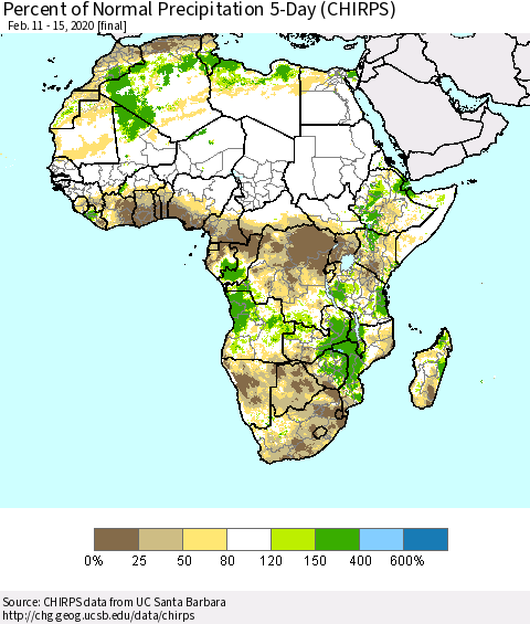 Africa Percent of Normal Precipitation 5-Day (CHIRPS) Thematic Map For 2/11/2020 - 2/15/2020