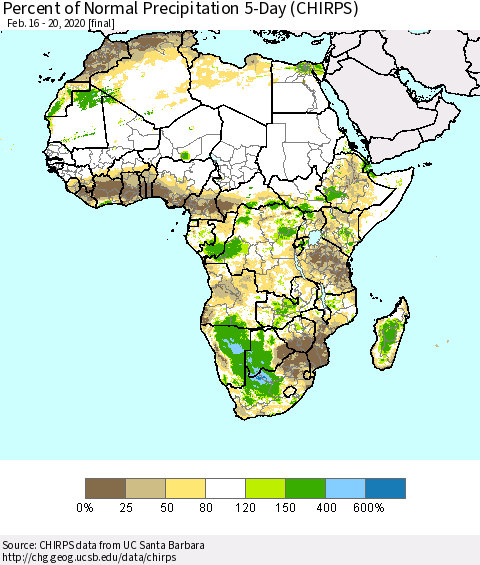 Africa Percent of Normal Precipitation 5-Day (CHIRPS) Thematic Map For 2/16/2020 - 2/20/2020