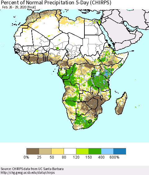 Africa Percent of Normal Precipitation 5-Day (CHIRPS) Thematic Map For 2/26/2020 - 2/29/2020