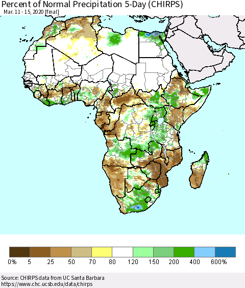 Africa Percent of Normal Precipitation 5-Day (CHIRPS) Thematic Map For 3/11/2020 - 3/15/2020