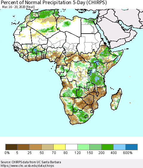 Africa Percent of Normal Precipitation 5-Day (CHIRPS) Thematic Map For 3/16/2020 - 3/20/2020