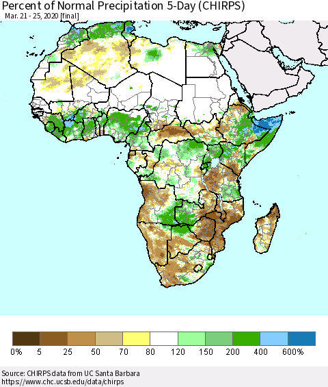 Africa Percent of Normal Precipitation 5-Day (CHIRPS) Thematic Map For 3/21/2020 - 3/25/2020