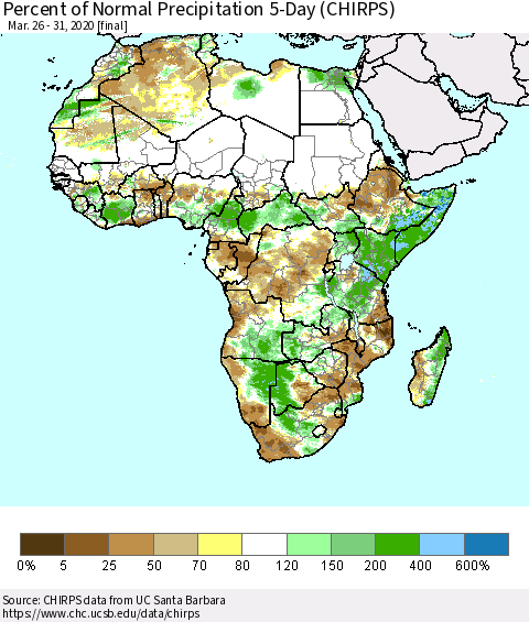 Africa Percent of Normal Precipitation 5-Day (CHIRPS) Thematic Map For 3/26/2020 - 3/31/2020