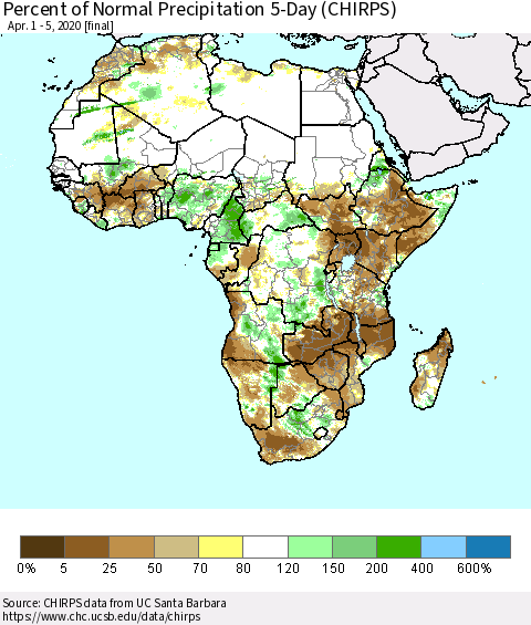 Africa Percent of Normal Precipitation 5-Day (CHIRPS) Thematic Map For 4/1/2020 - 4/5/2020