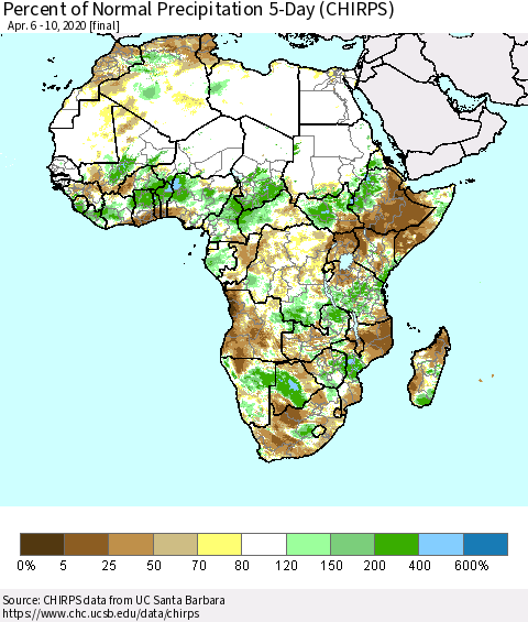 Africa Percent of Normal Precipitation 5-Day (CHIRPS) Thematic Map For 4/6/2020 - 4/10/2020