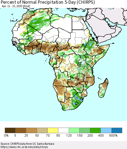 Africa Percent of Normal Precipitation 5-Day (CHIRPS) Thematic Map For 4/11/2020 - 4/15/2020
